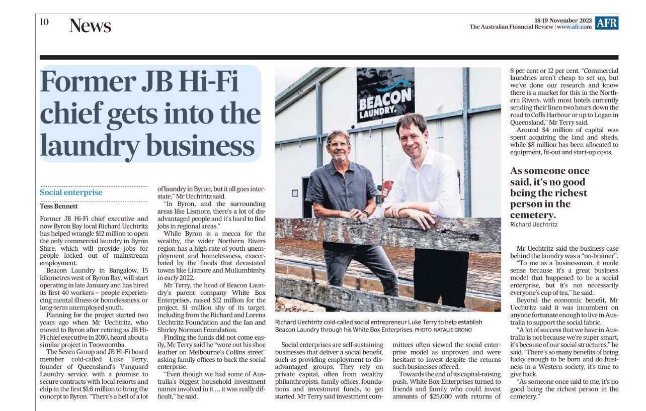 Newspaper clipping from the AFR, featuring the story of social enterprise Beacon Laundry