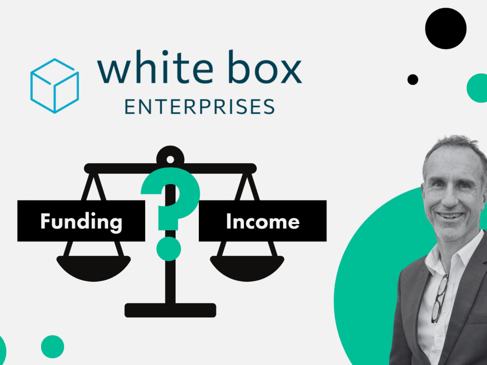 Image of scales weighing up funding v income, next to a photo of Mark Daniels