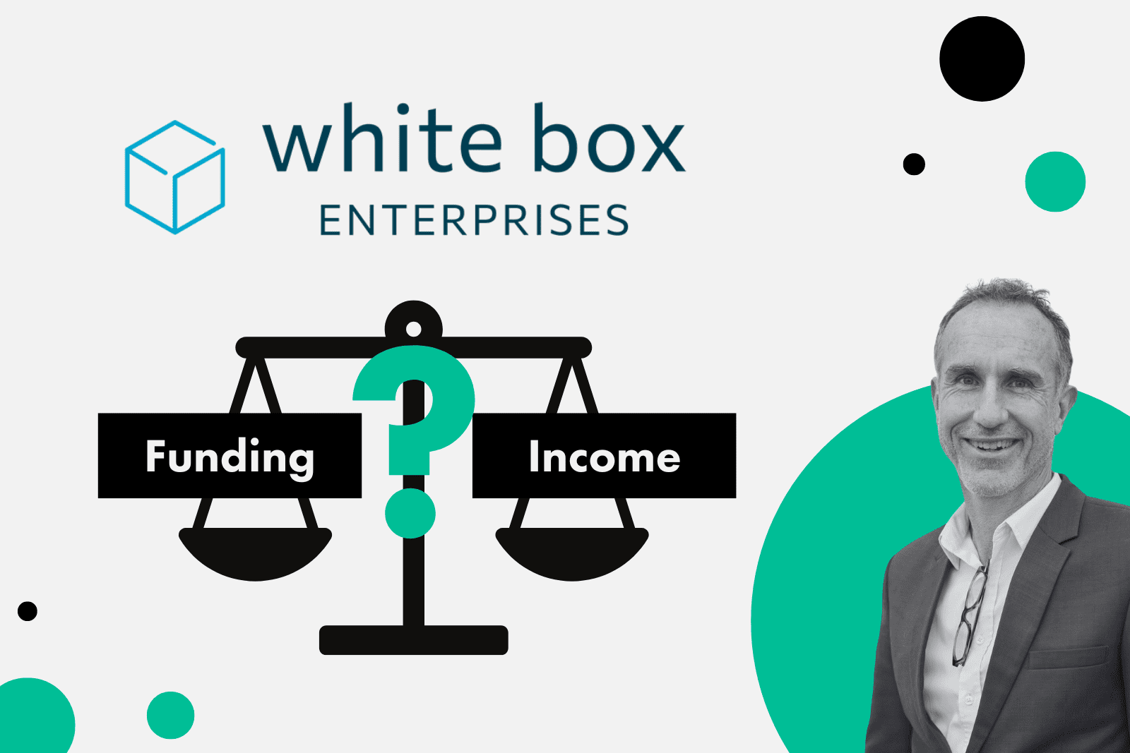 Image of scales weighing up funding v income, next to a photo of Mark Daniels