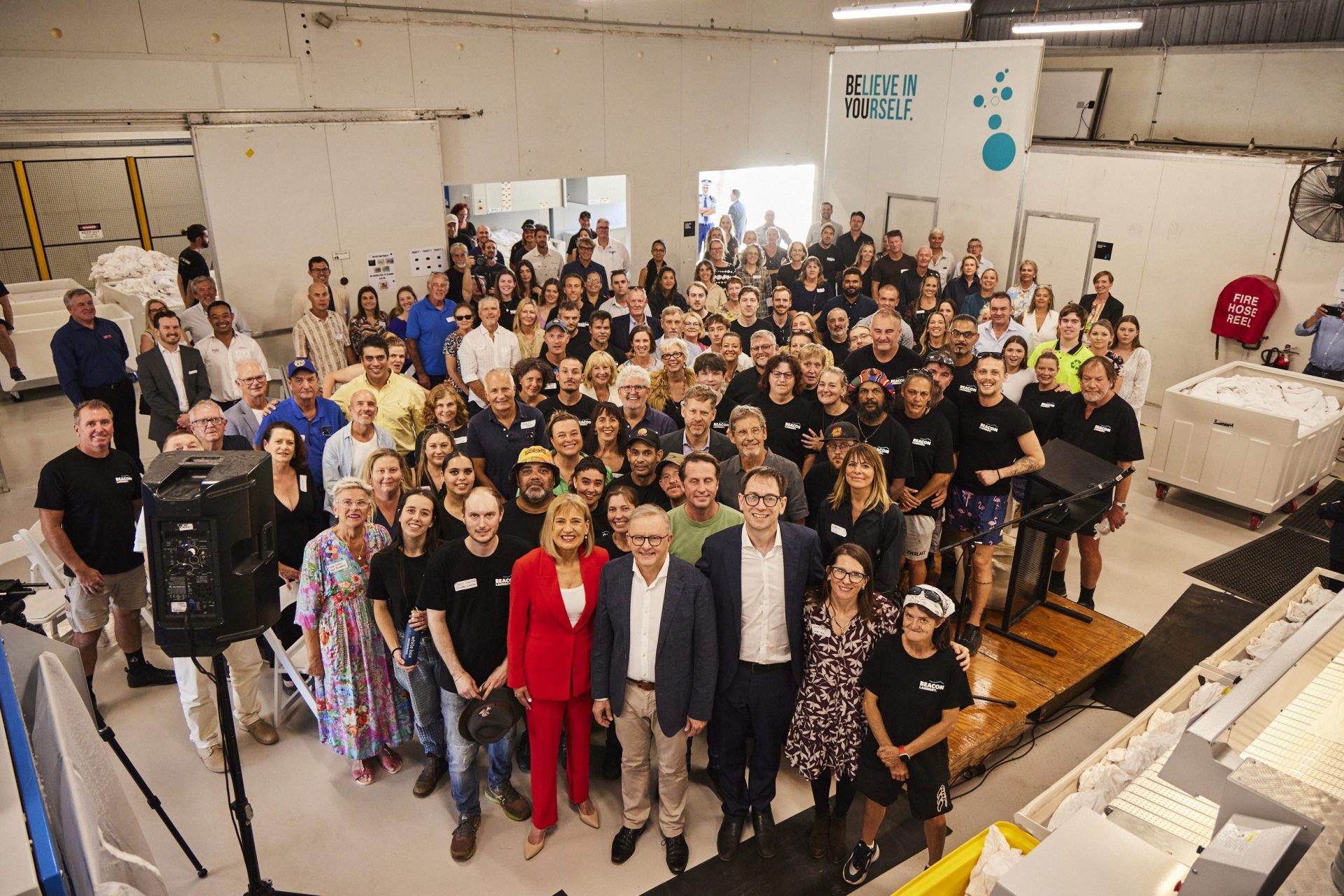 Group pic of Beacon Laundry launch with Prime Minister Anthony Albanese in Bangalow, NSW.