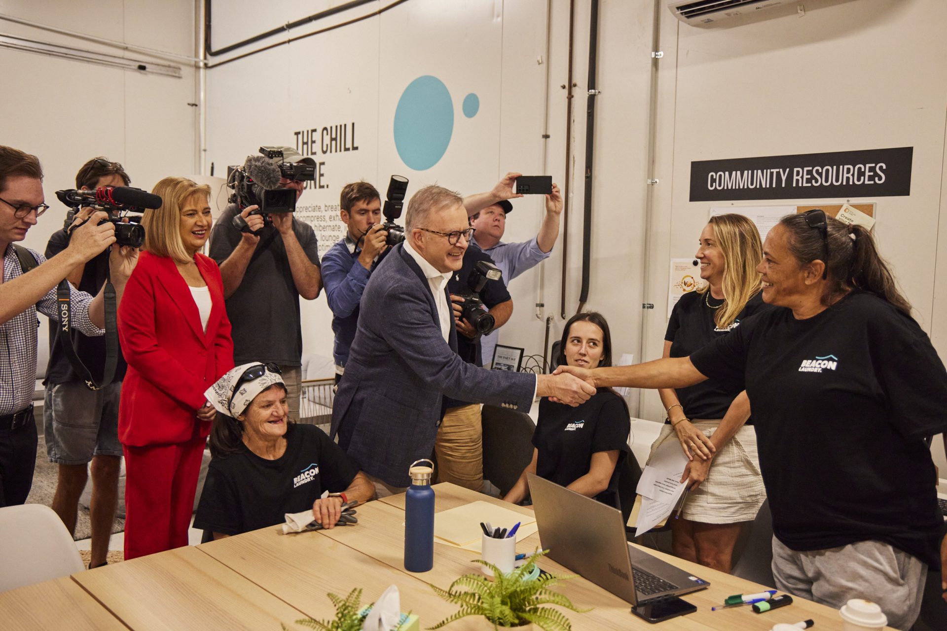 Prime Minister Anthony Albanese meets the team at Beacon Laundry