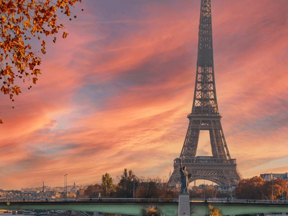 Eiffel Tower at sunset in Paris.