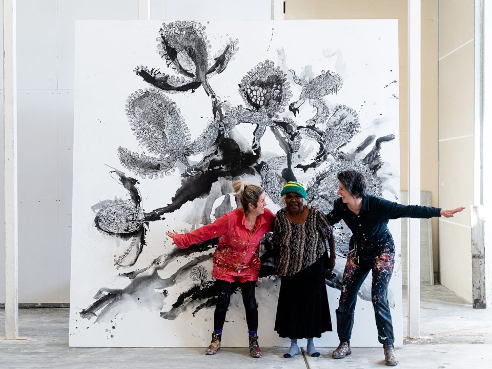 Skye O'Meara, Joanna Byrne and Illuwanti Ken in the Adelaide Art Centre.