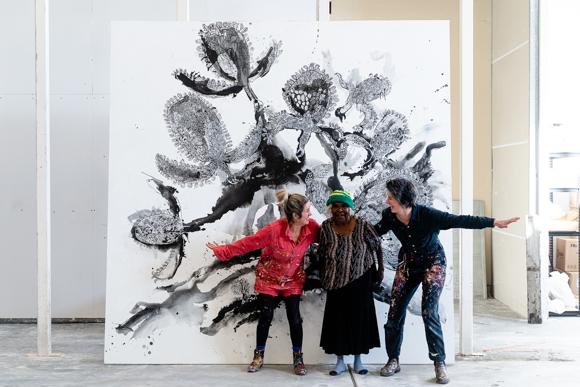 Skye O'Meara, Joanna Byrne and Illuwanti Ken in the Adelaide Art Centre.